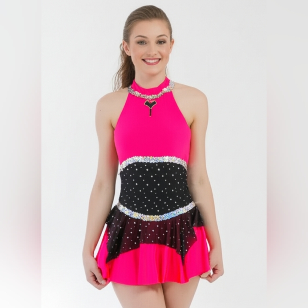 Cicci Womens Neon Pink Sequined Halter Skirted Leotard S